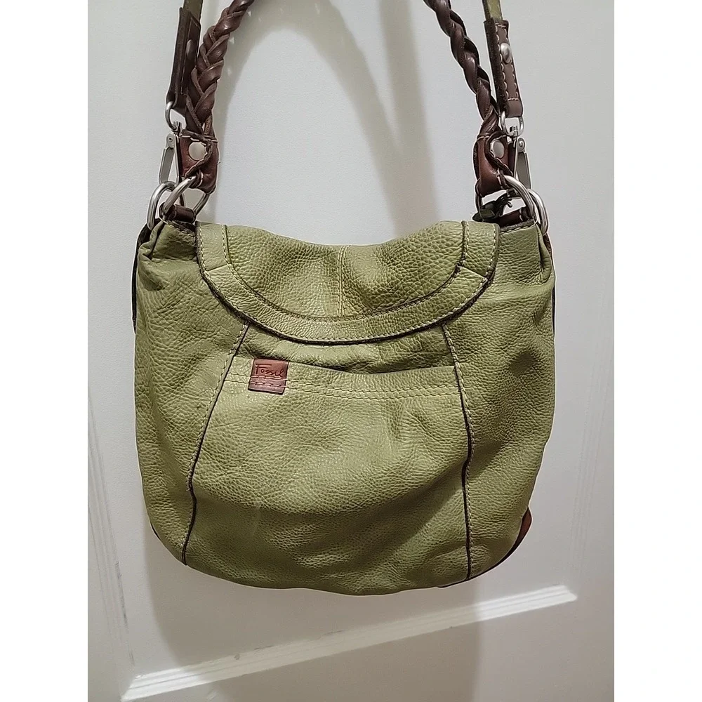 Vintage Fossil Green Leather Shoulder Bag Purse Handbag Organizer Tote. Classic